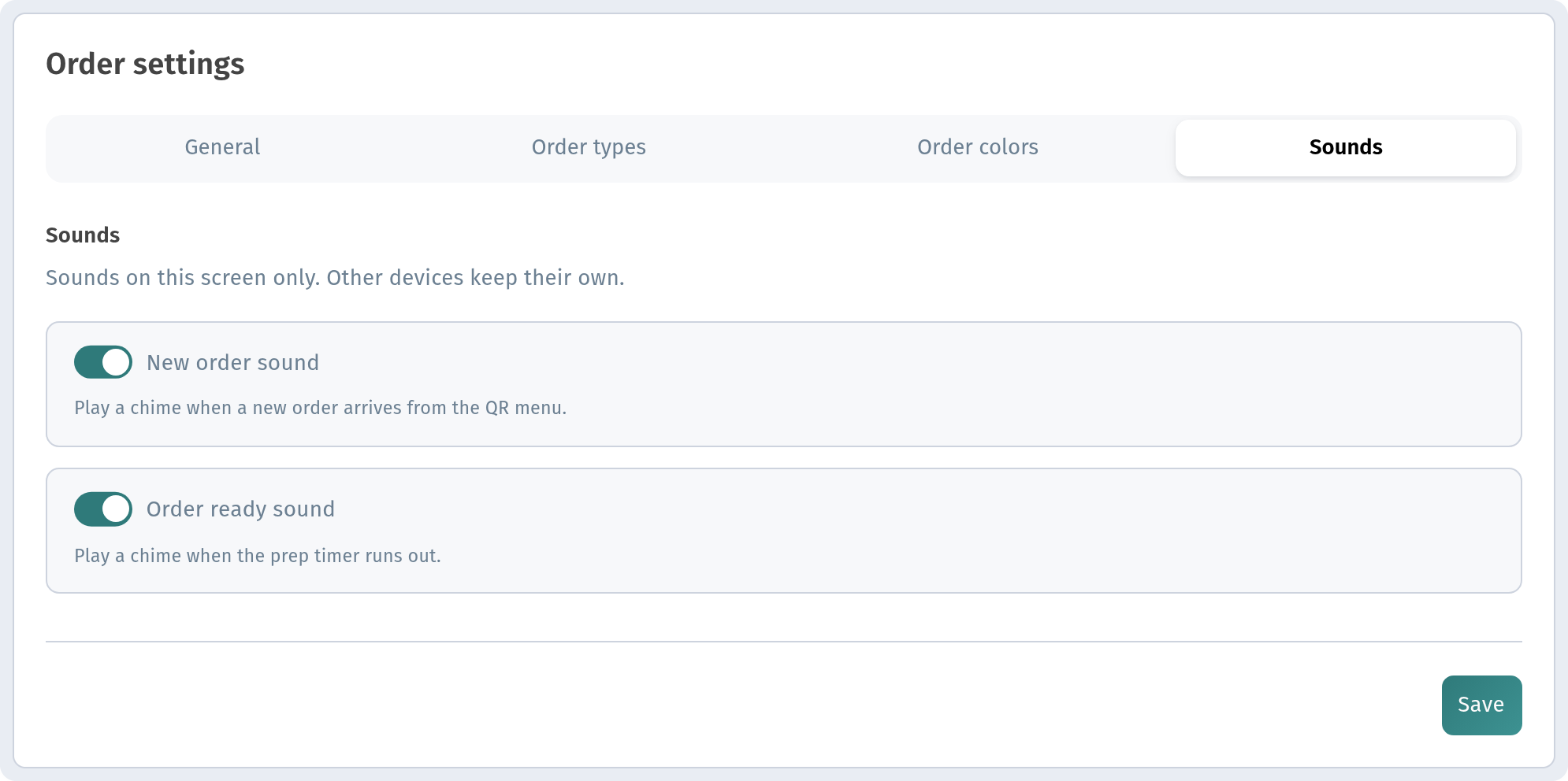 Kitchen line → Order settings → Sounds tab