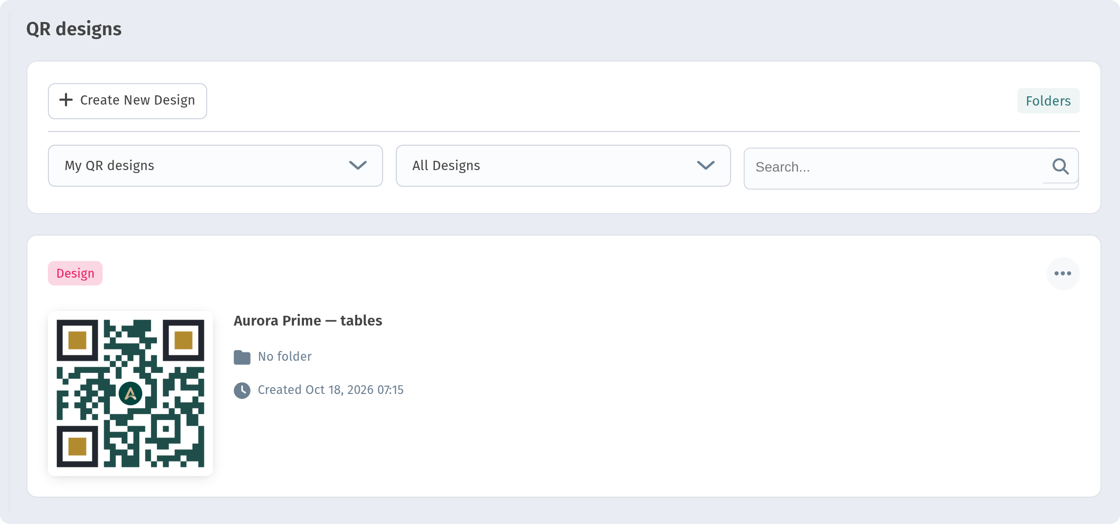 QR designs page — Create New Design, filters, Folders link and a design card with 'No folder'
