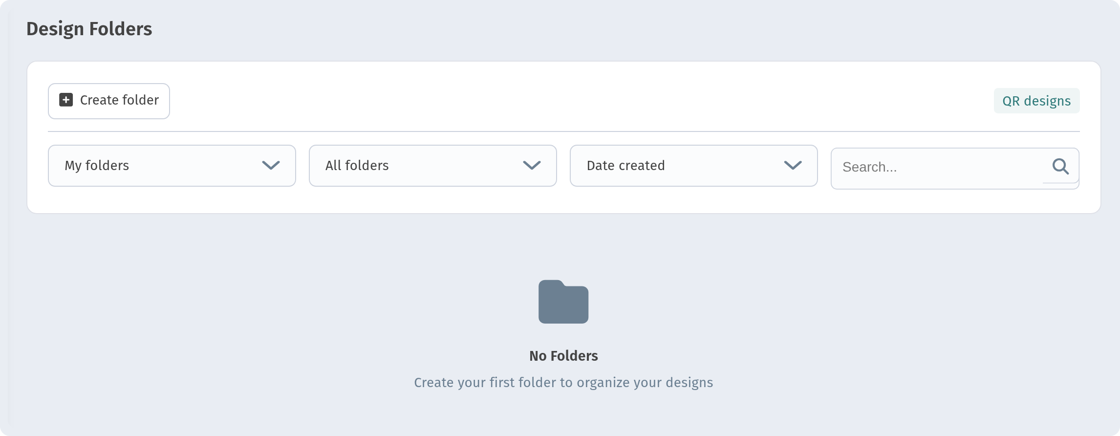 Design Folders page — Create folder button, filters and empty state