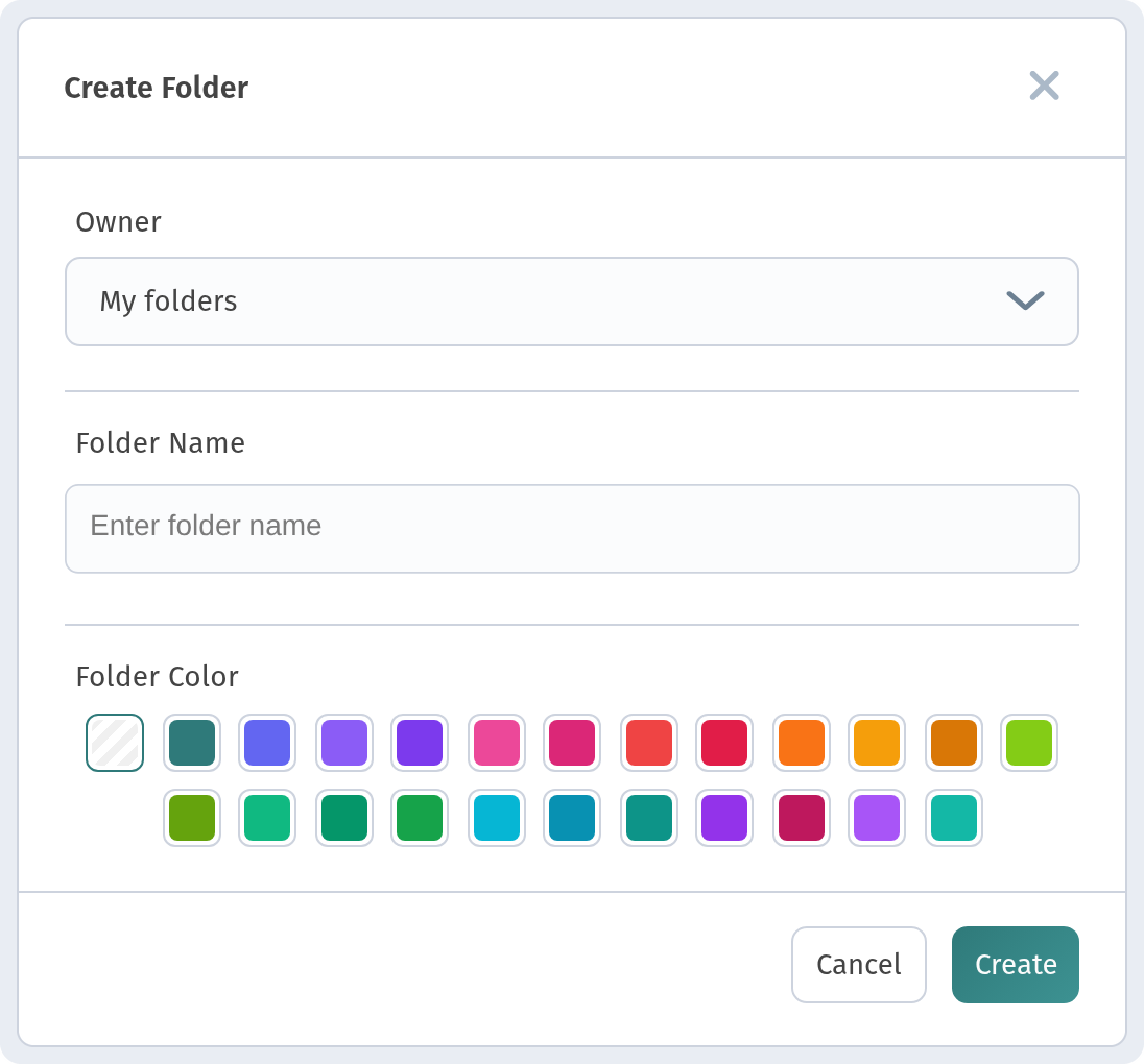 Create Folder dialog — Owner, Folder Name, Folder Color