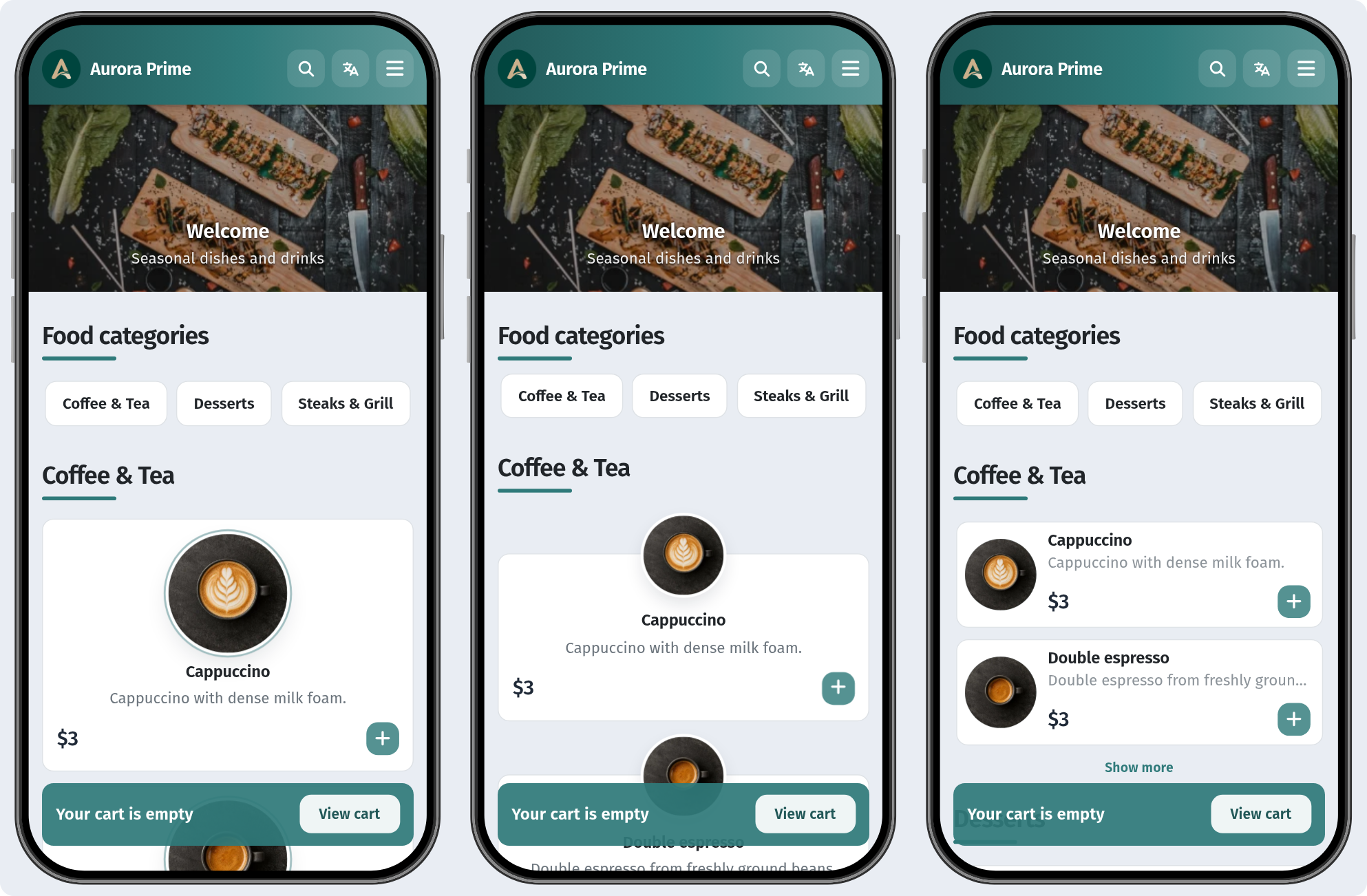 Guest menu on phone (390px) — Flow, Curve and Chip side by side