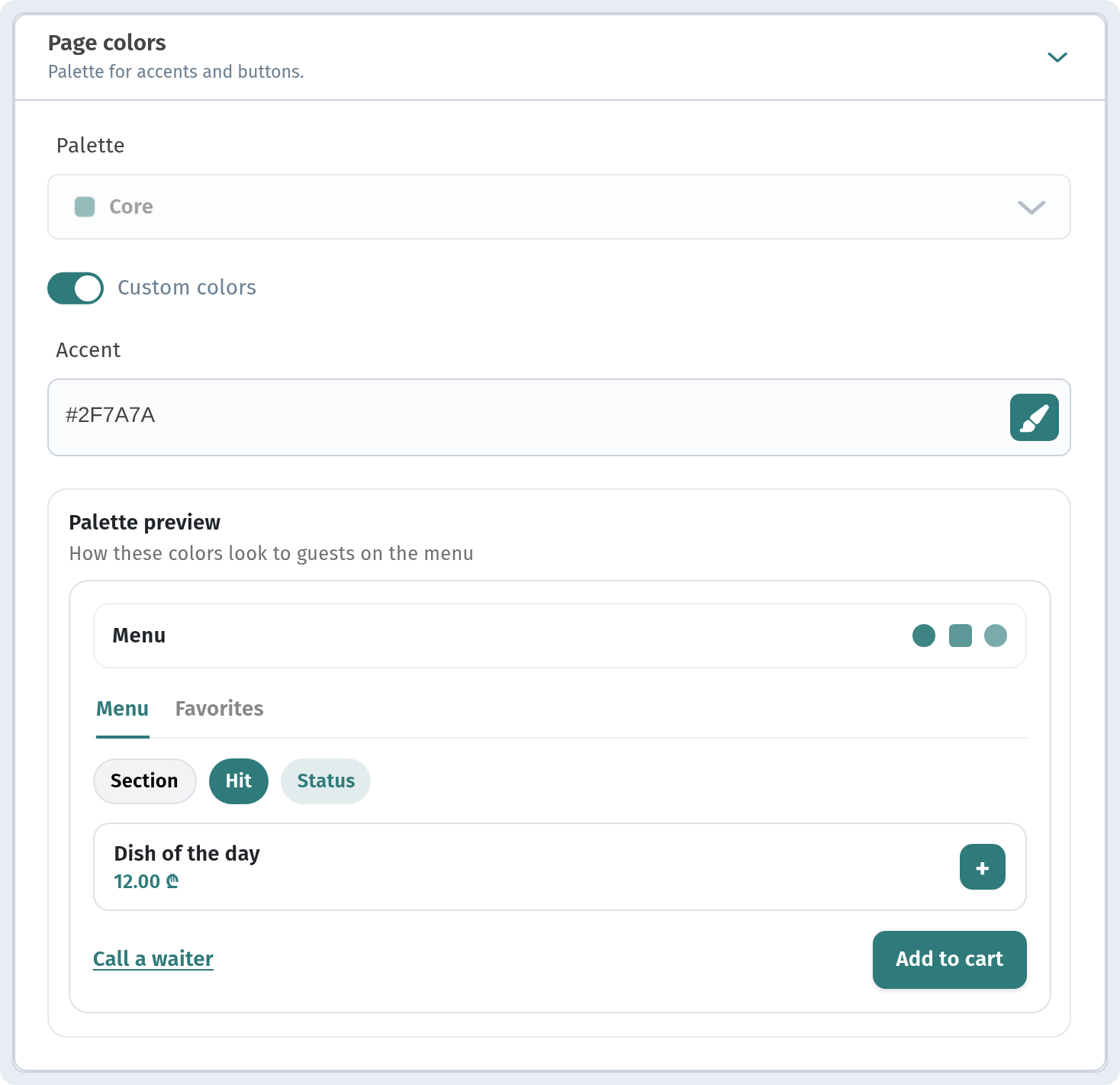 Page colors section — Palette, Custom colors, Accent and Palette preview