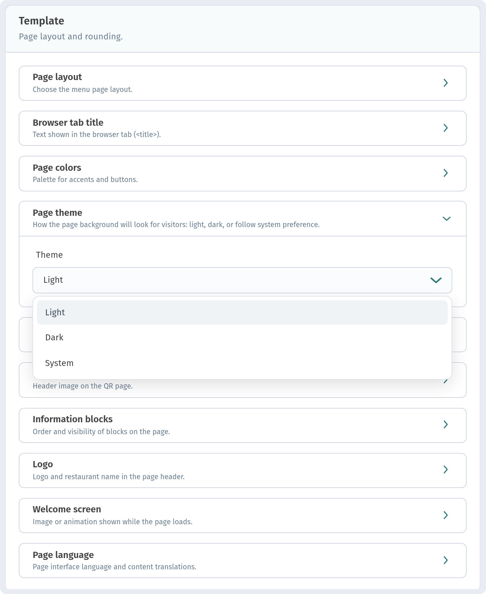 Page theme section with Theme dropdown open — Light / Dark / System
