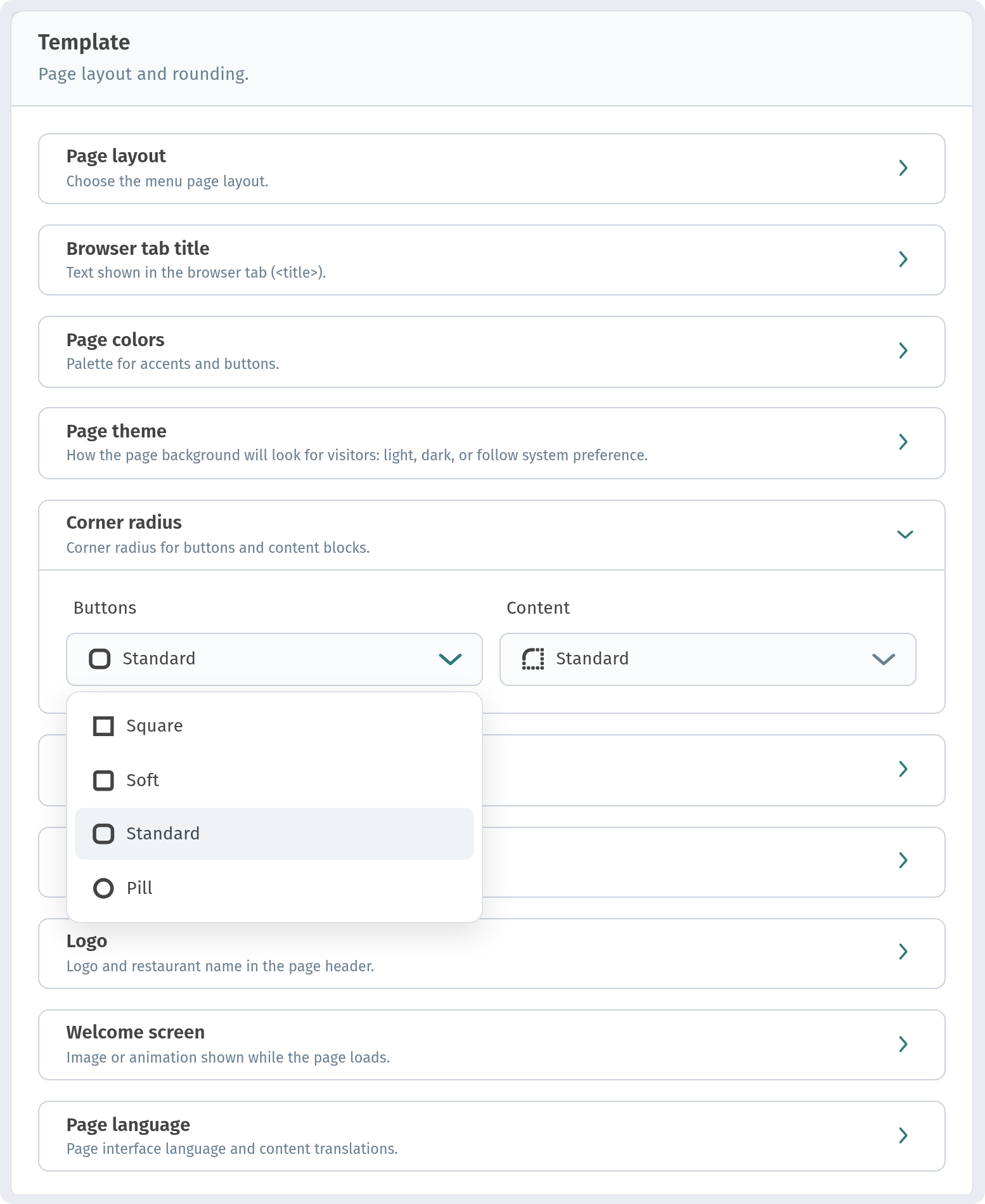 Corner radius section — Buttons dropdown open with Square / Soft / Standard / Pill