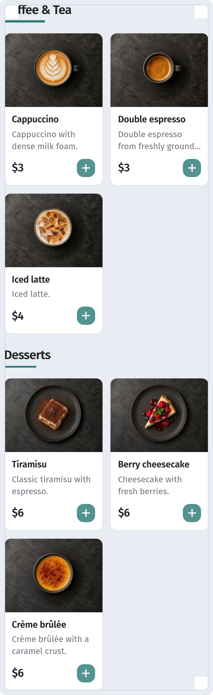 Guest menu on a phone (390px): a category list with photos, names and short descriptions