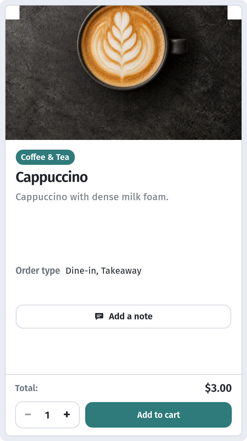 Dish card for the guest (390px): photo, name, description, order type, Add a note, quantity and total