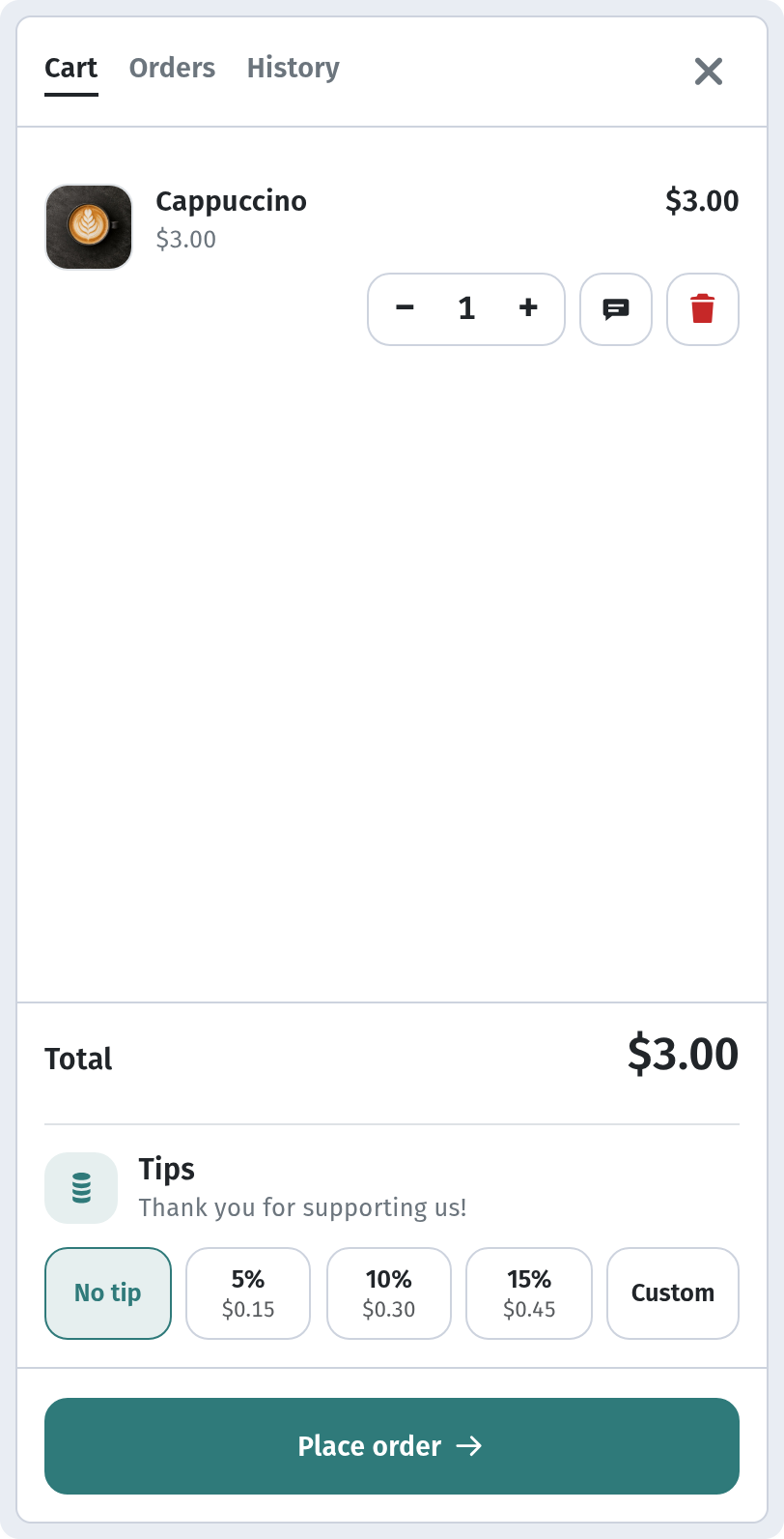 Guest cart (390px): total and tip options