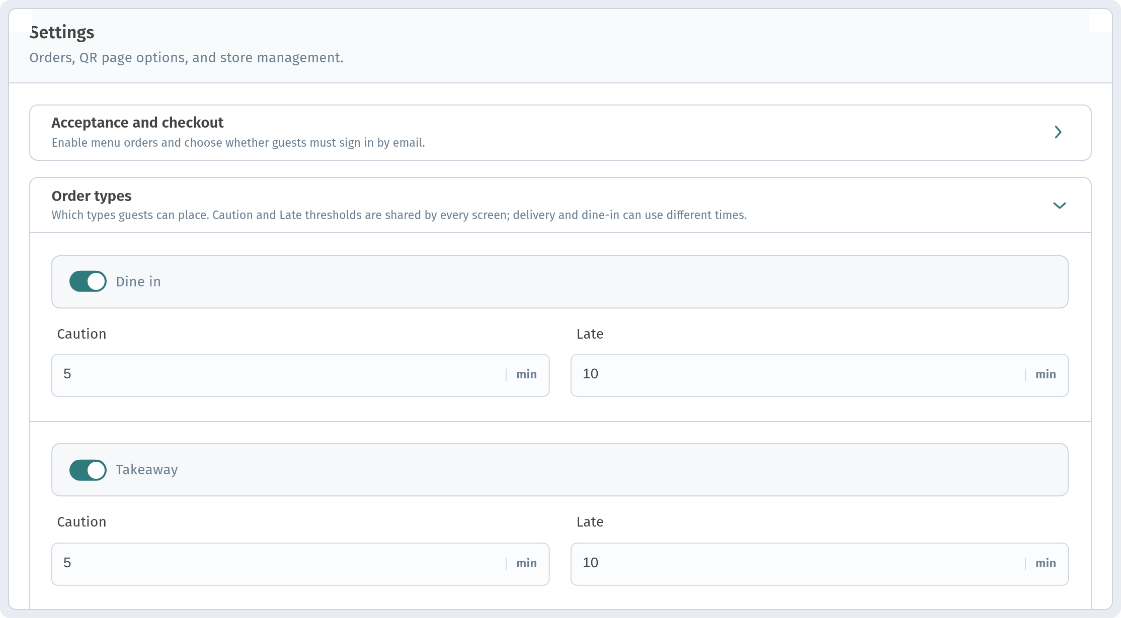 Store settings, Settings tab: order types with Caution and Late thresholds in minutes