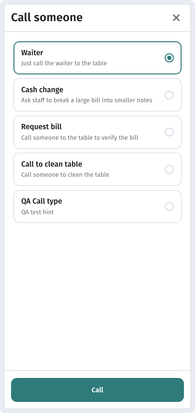 Guest menu (390px): the call sheet with waiter, bill and other options