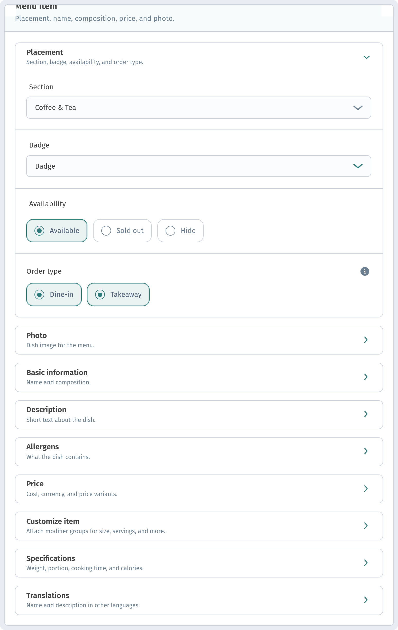Dashboard: dish form — Placement block with the Availability field (Available / Sold out / Hide)