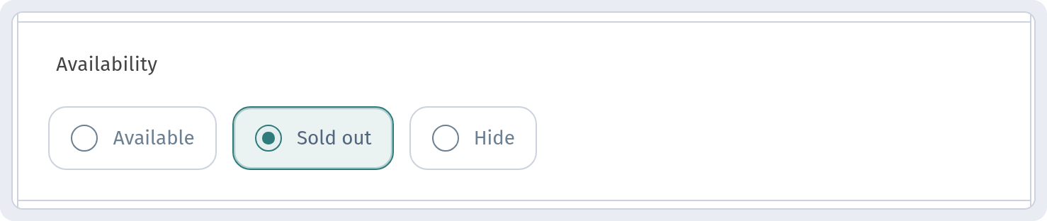 Dashboard: close-up of the Availability field with Sold out selected (do not save)