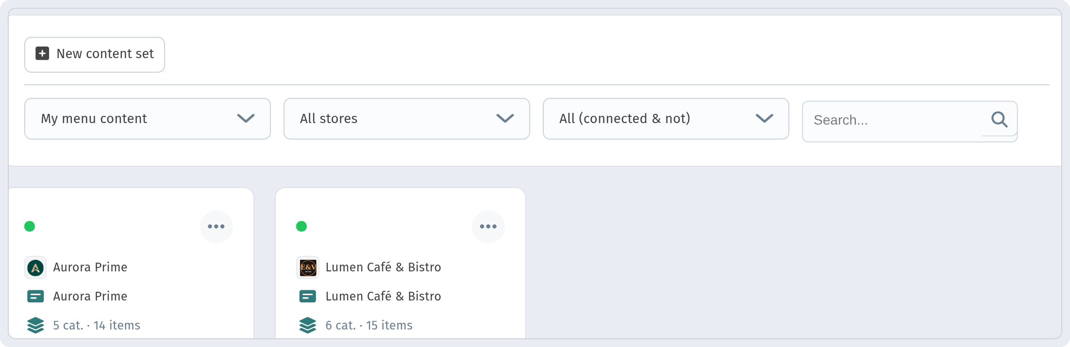 Dashboard: Menu content — set cards with category and item counts and the New content set button