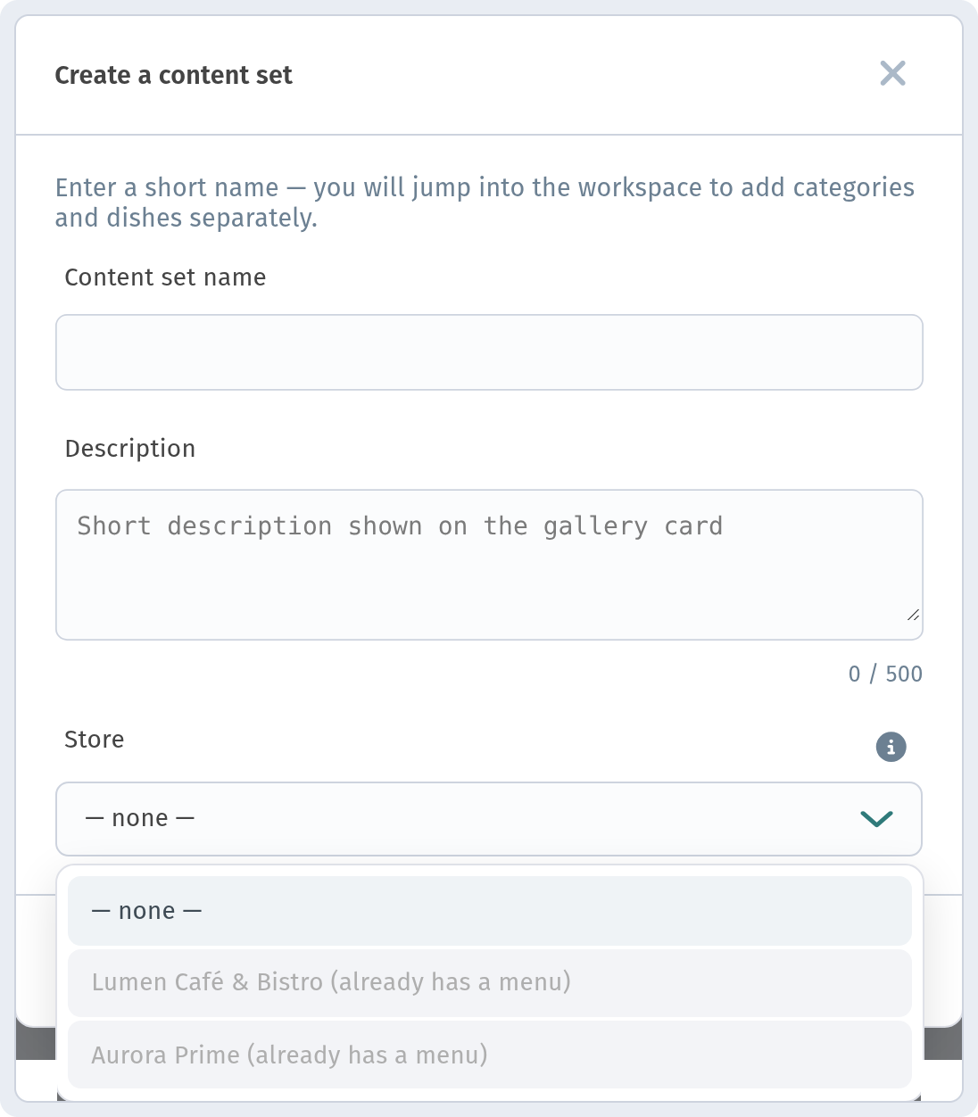 Dashboard: Create a content set dialog — name, description, store selector (do not save)
