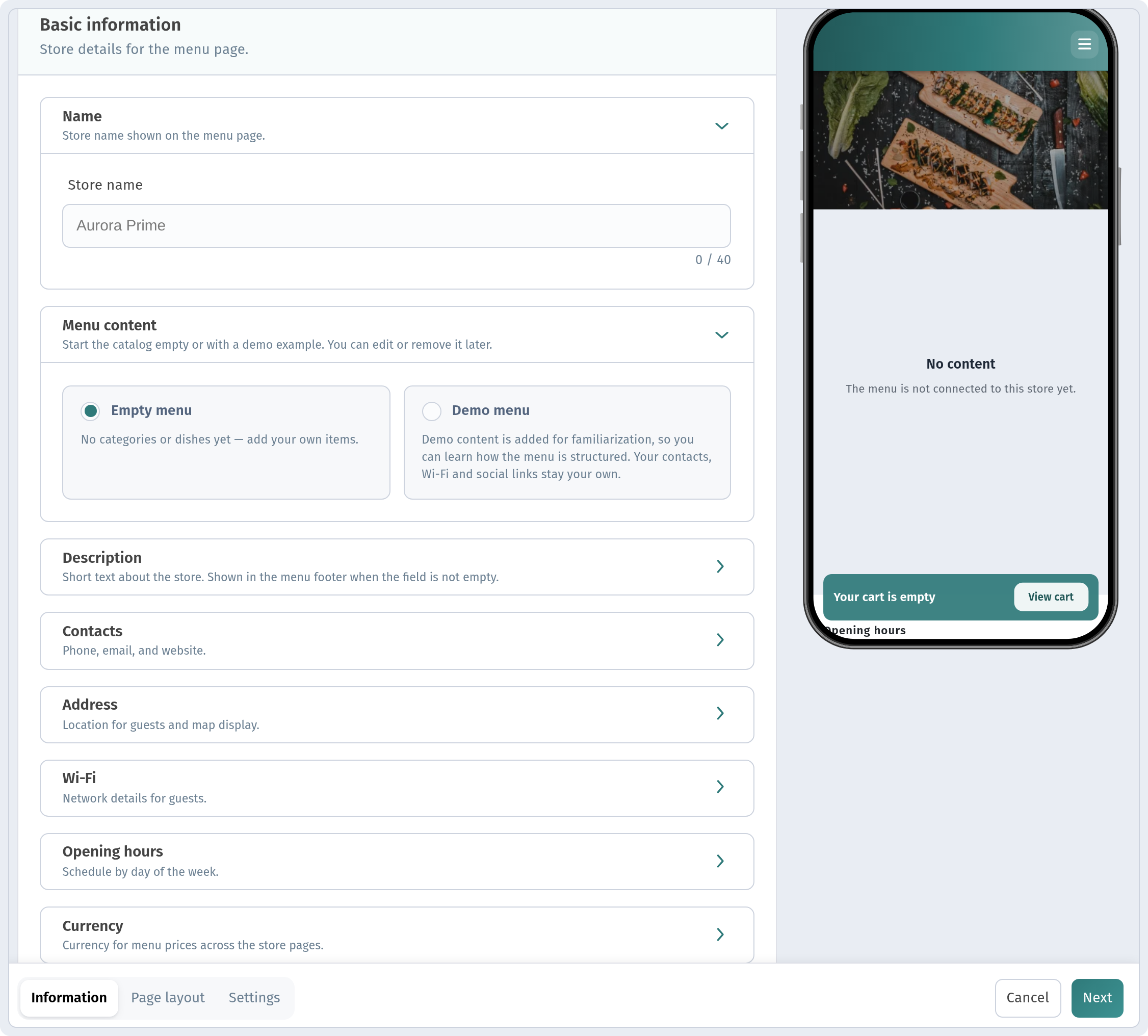 Dashboard: Create store — Information tab with the Menu content block and the phone preview