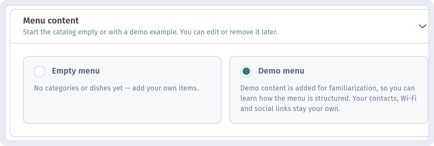 Dashboard: close-up of the Menu content block with Demo menu selected and its hint (do not continue)