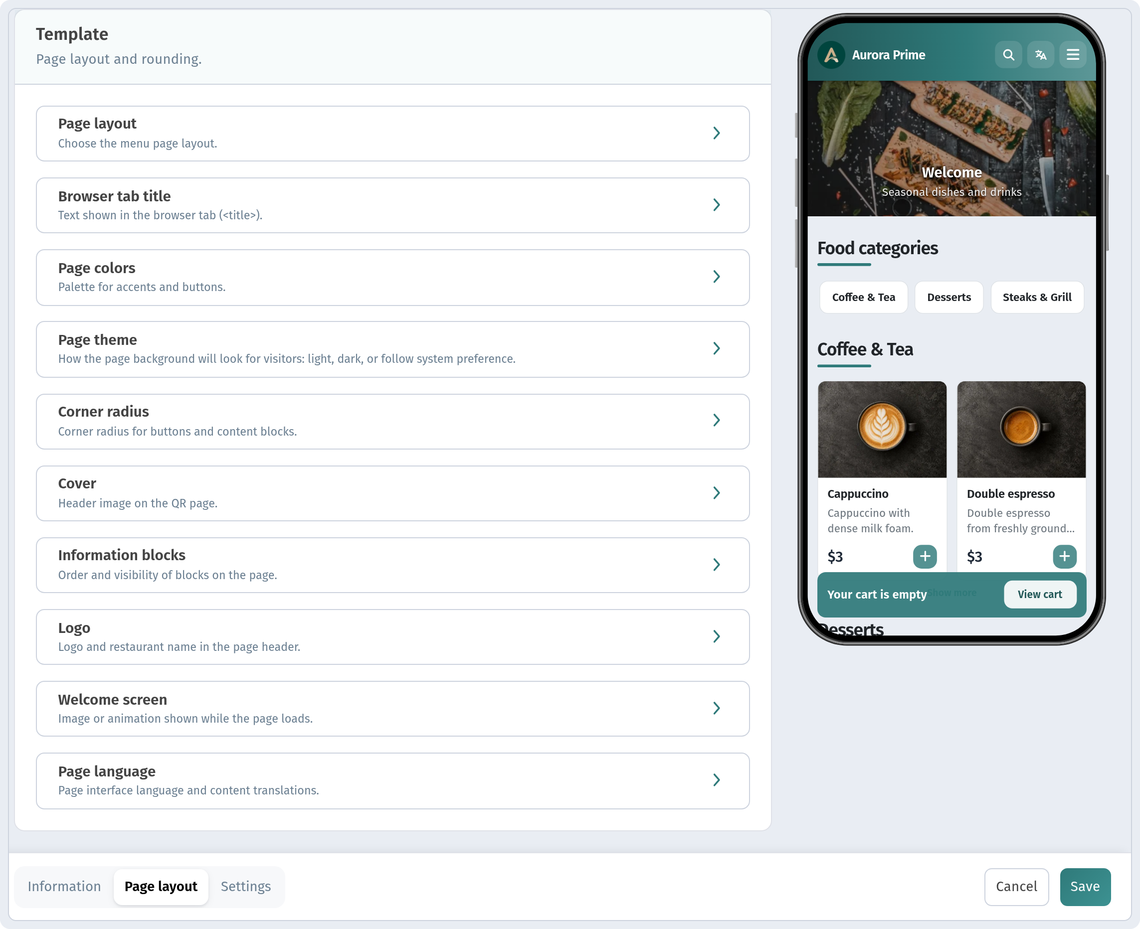 Dashboard: Page layout tab with the phone preview