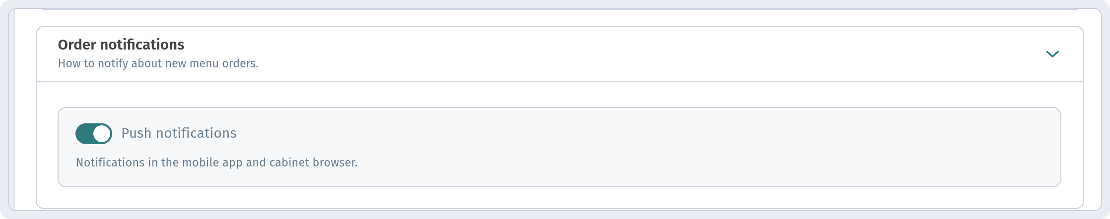 Dashboard: Settings tab — Order notifications section with the Push notifications switch