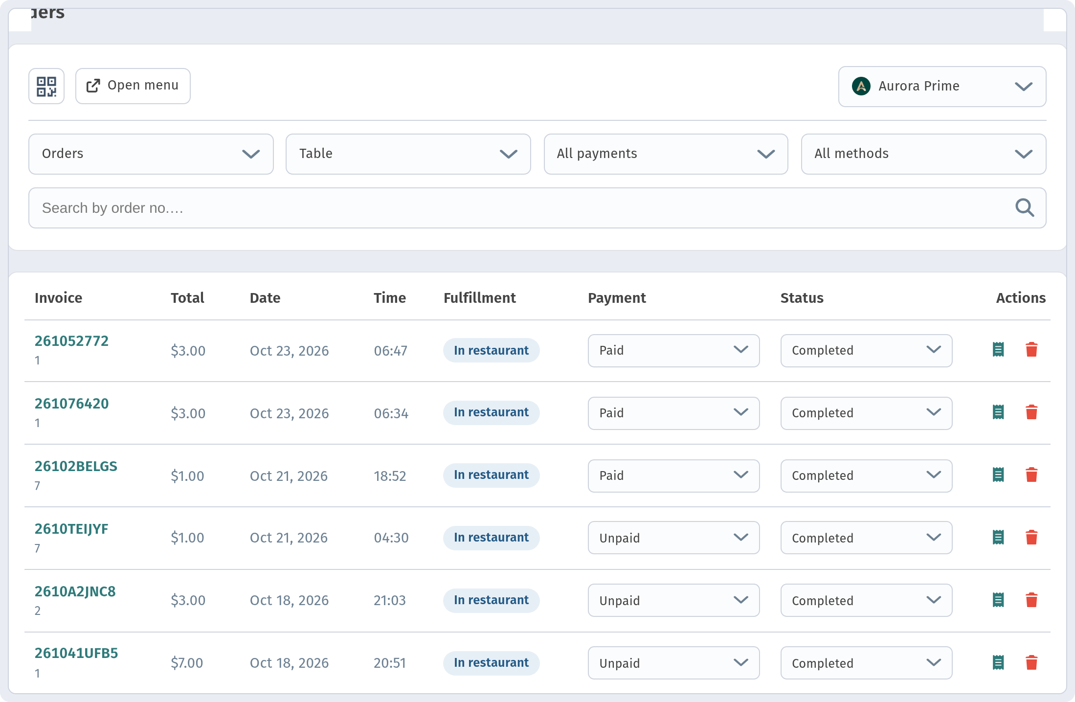 Dashboard: Orders page — filters and the order table