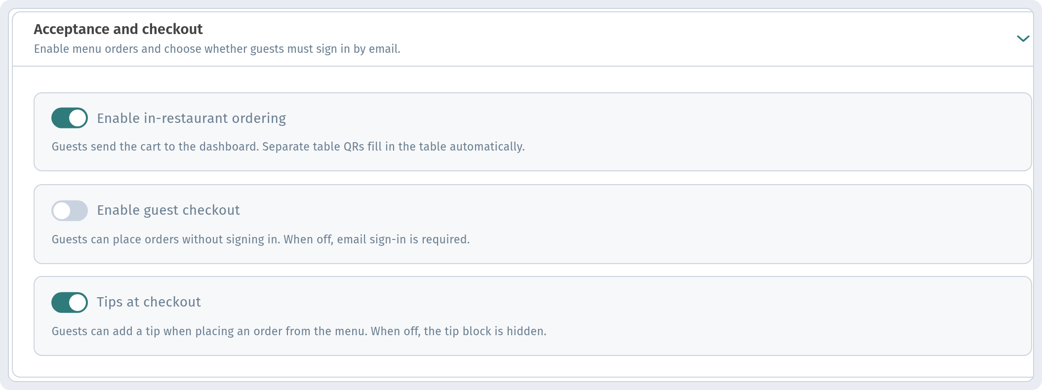 Dashboard: Settings tab — Acceptance and checkout with the Tips at checkout switch