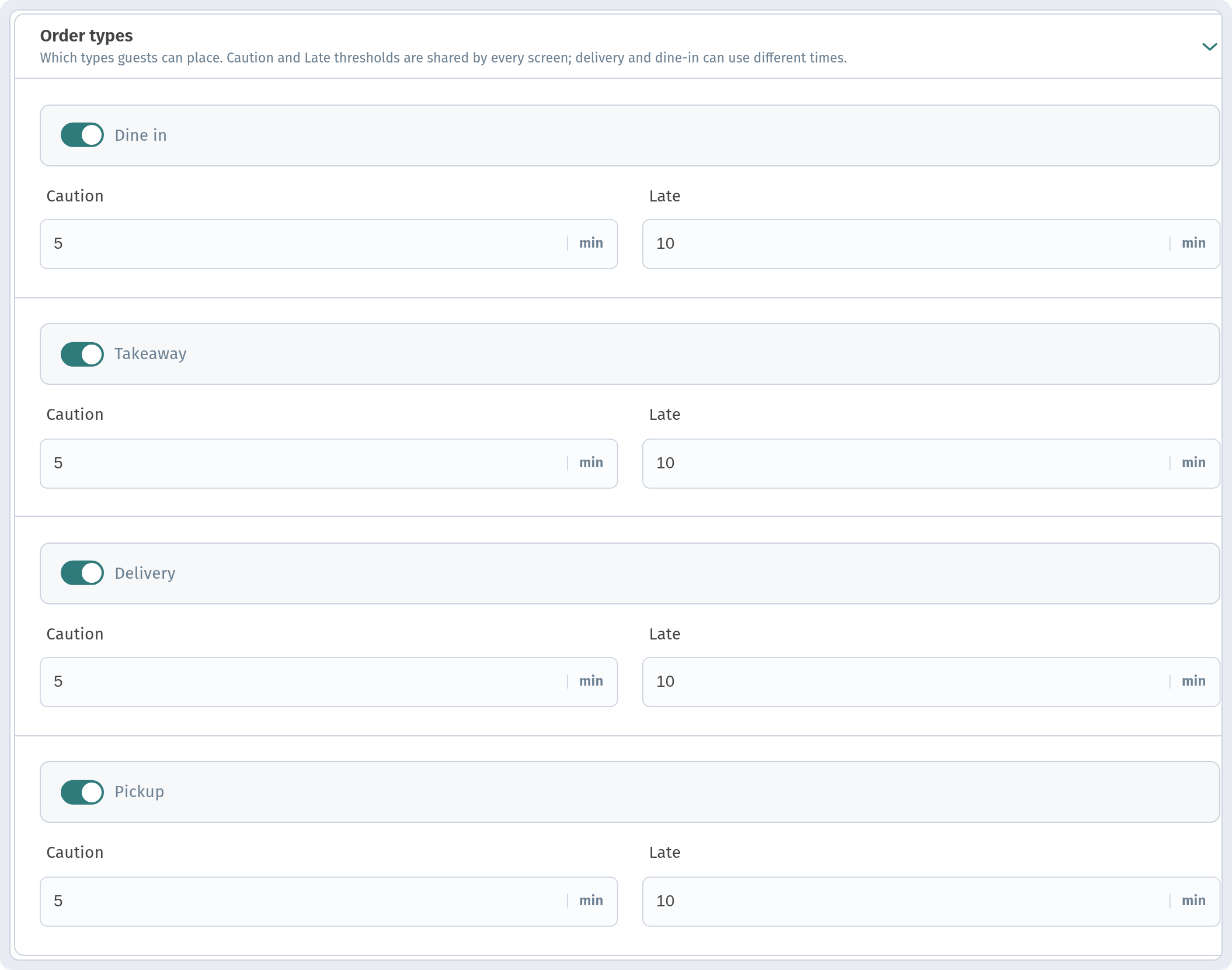 Dashboard: Settings tab — Order types section with the four types