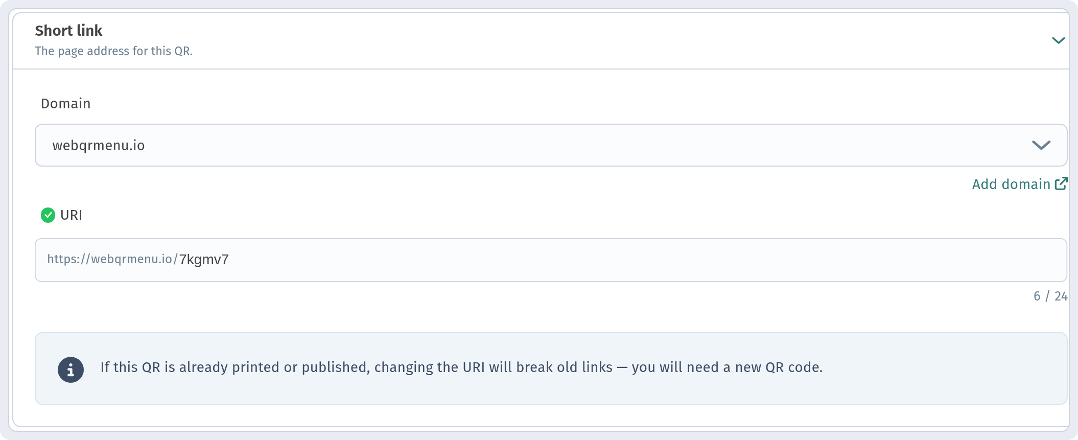 Dashboard: Settings tab — Short link section with the domain and the URI field