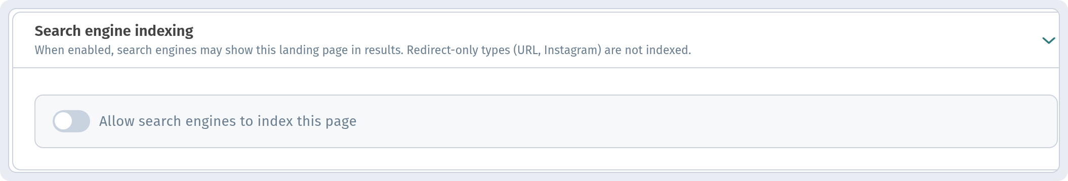 Dashboard: Settings tab — Search engine indexing section with its switch