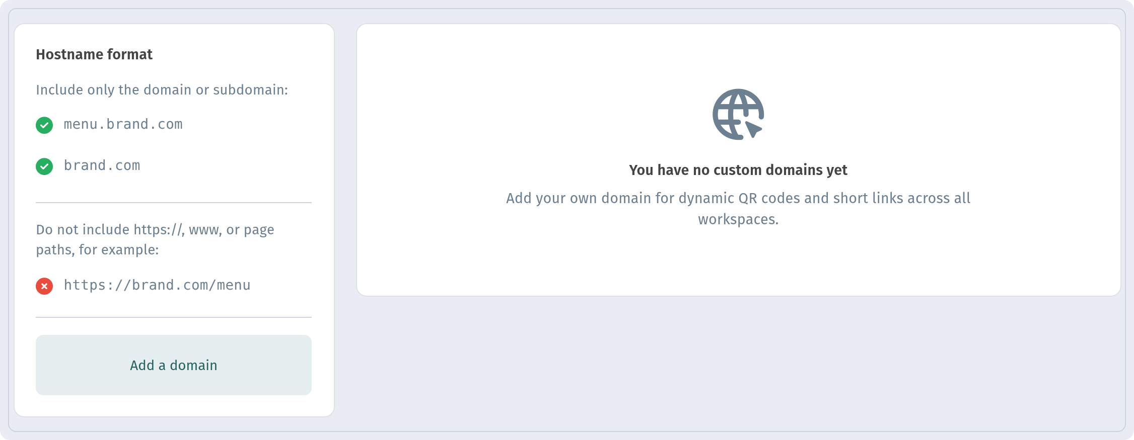 Dashboard: My domains — the address format card and the add-domain button