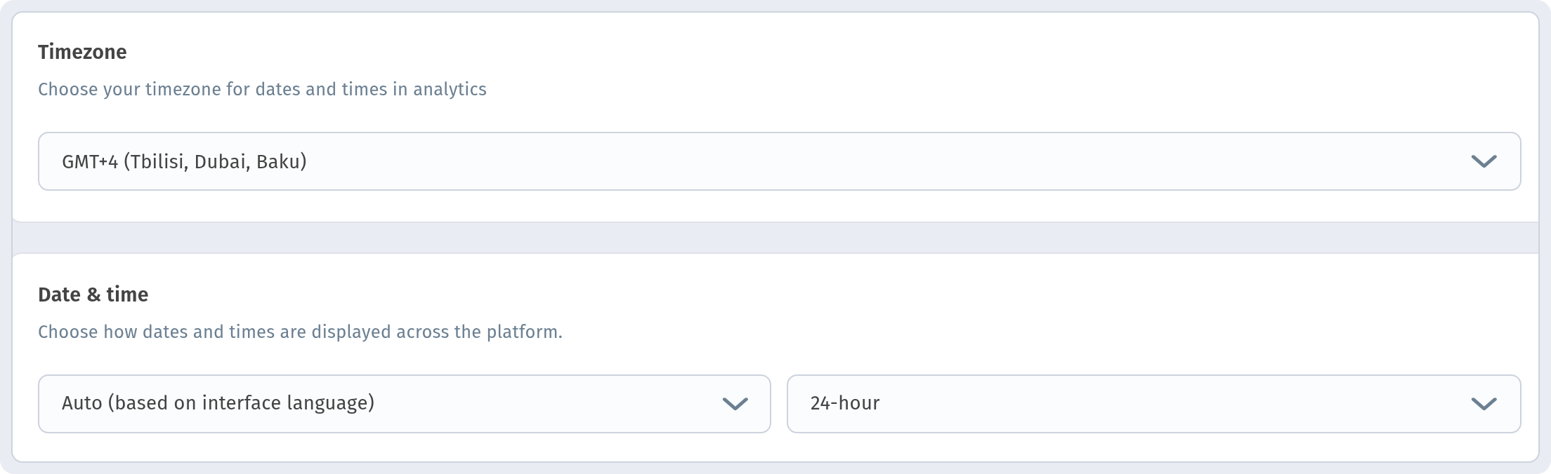 Dashboard: account settings — Timezone and Date & time