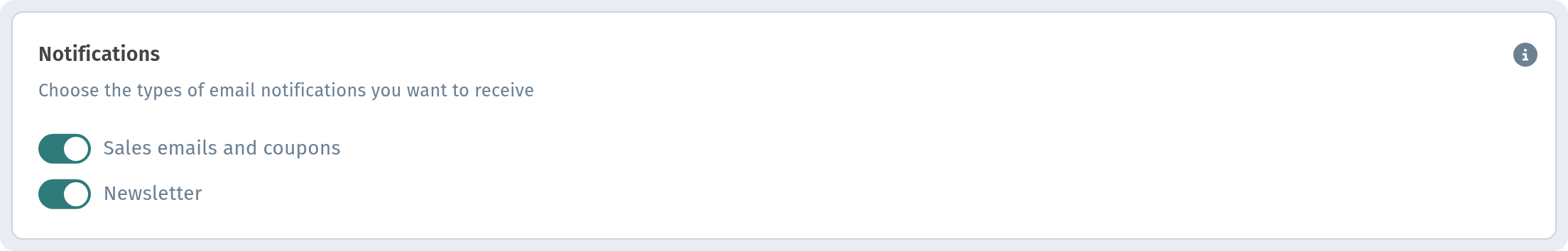 Dashboard: account settings — Notifications block with the two email subscriptions