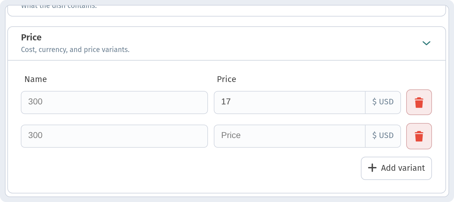 Dashboard: dish card — the Price block with several variants
