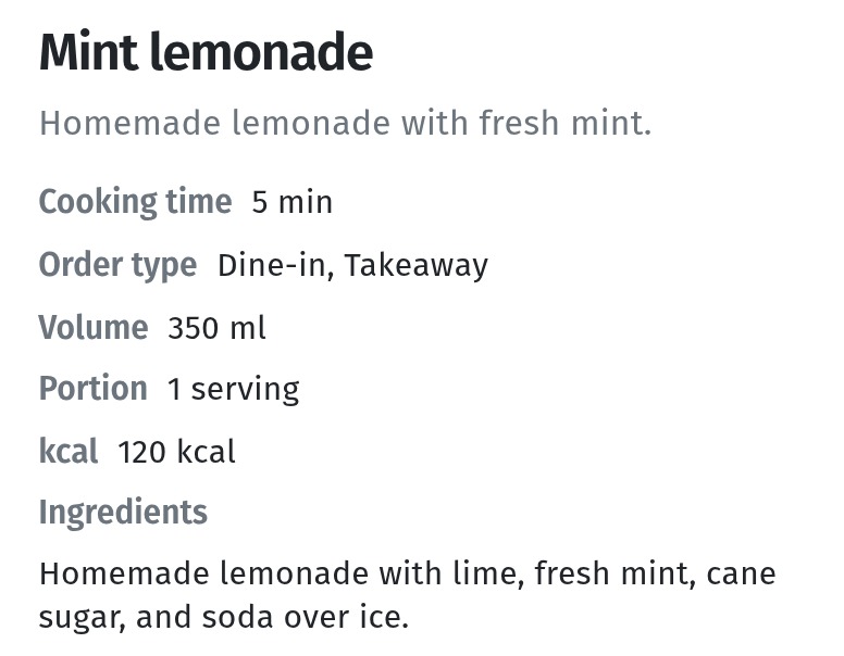 Drinks and bar menu in a QR menu: volumes, sizes, sections and descriptions