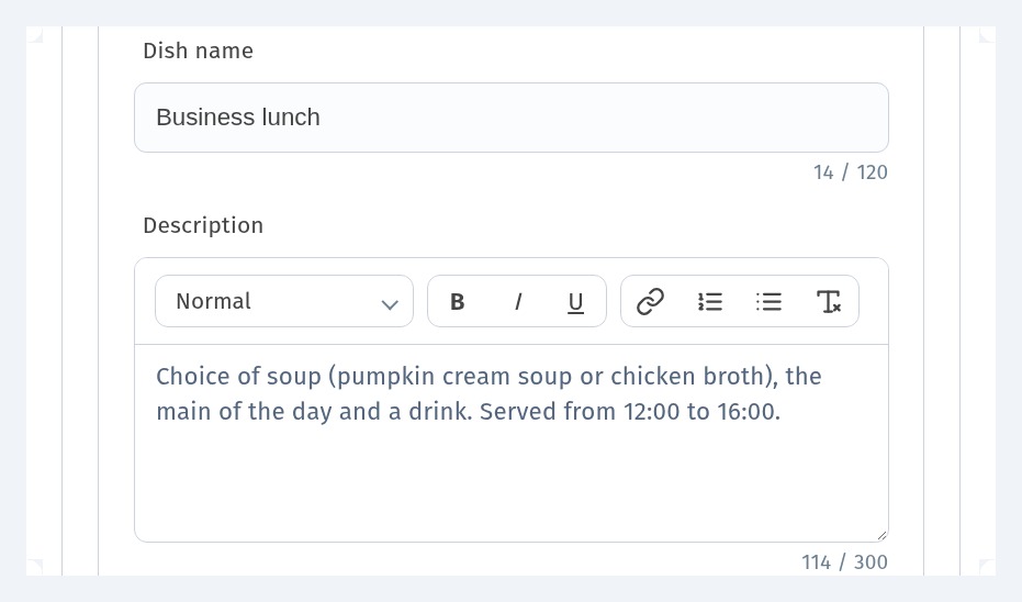Business lunch and set menus in a QR menu: section, description and one price