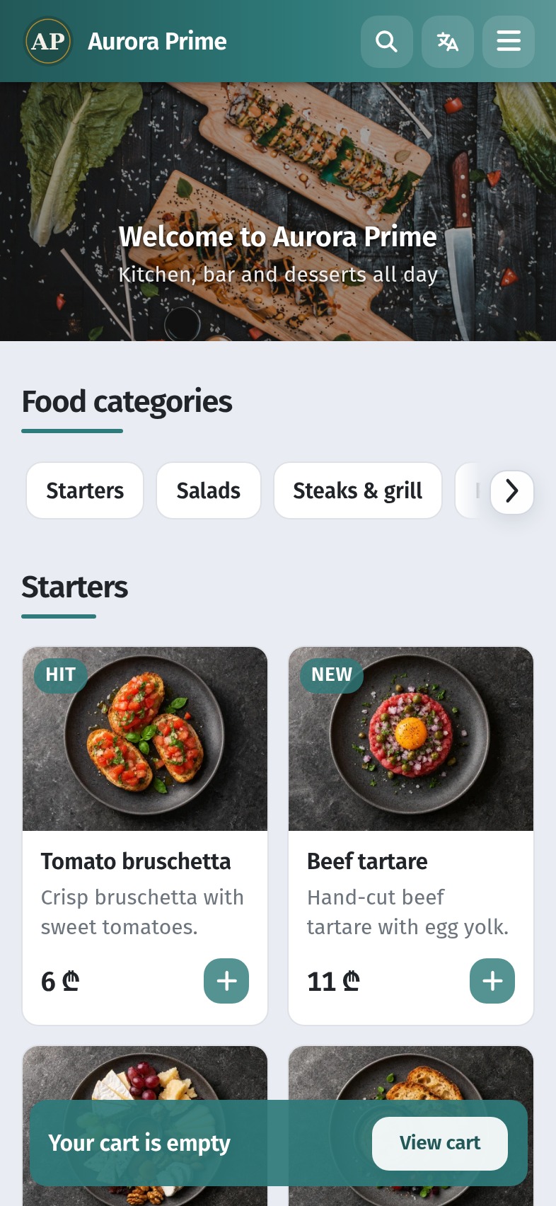 First screen of a QR menu: cover, logo, welcome and theme