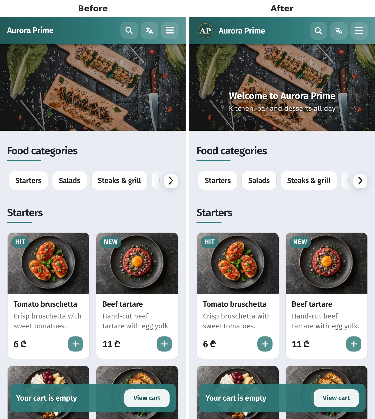 First screen of a QR menu: cover, logo, welcome and theme