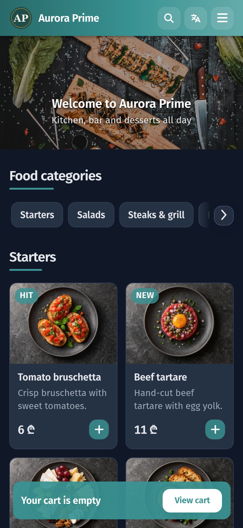 First screen of a QR menu: cover, logo, welcome and theme