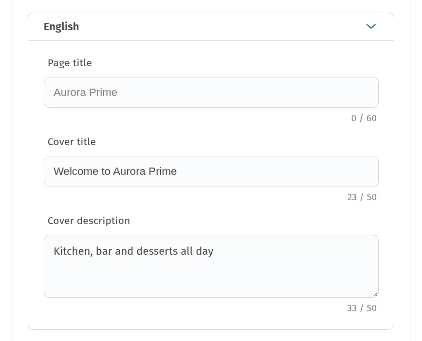 First screen of a QR menu: cover, logo, welcome and theme