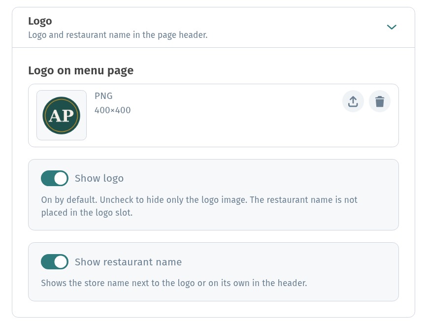 First screen of a QR menu: cover, logo, welcome and theme