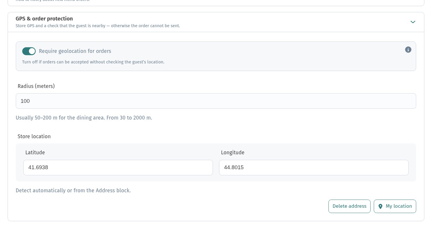 GPS and order protection in WebQRMenu: keep menu orders near the venue