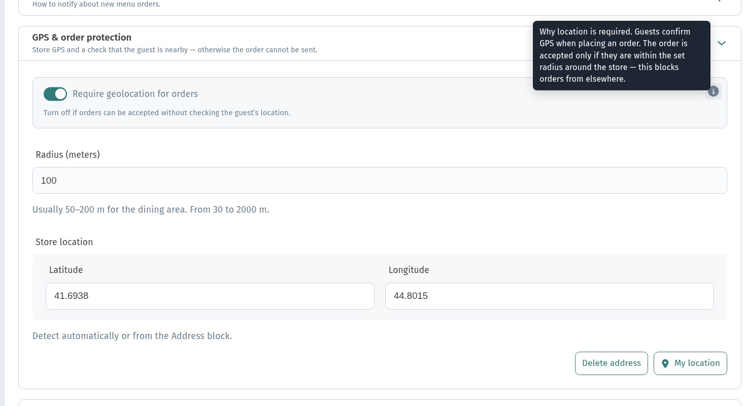 GPS and order protection in WebQRMenu: keep menu orders near the venue