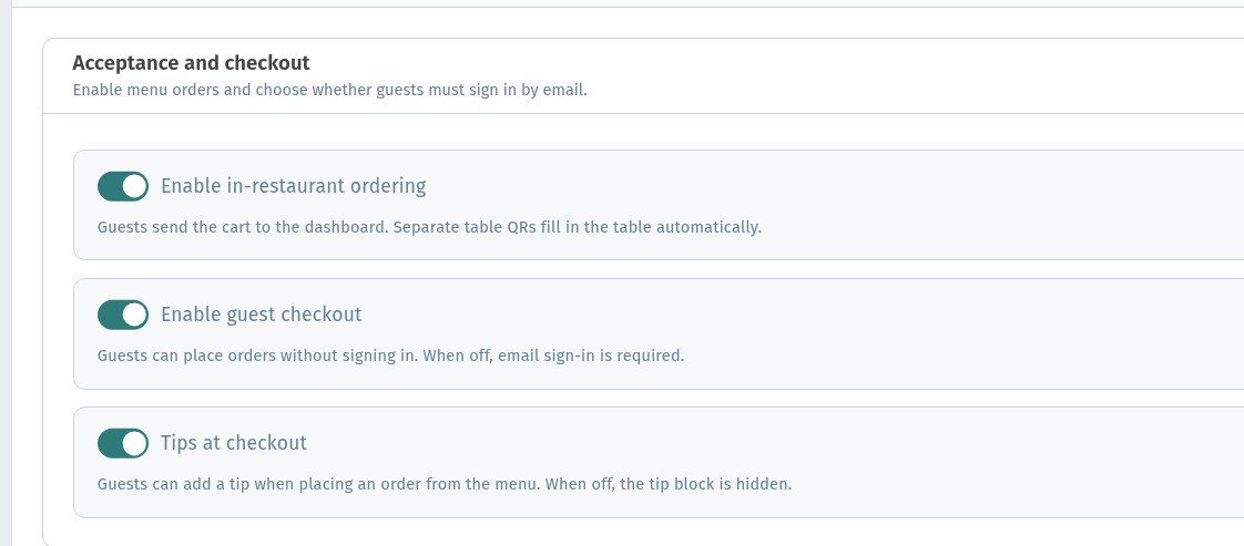 Menu for browsing or with orders: how to turn on order acceptance