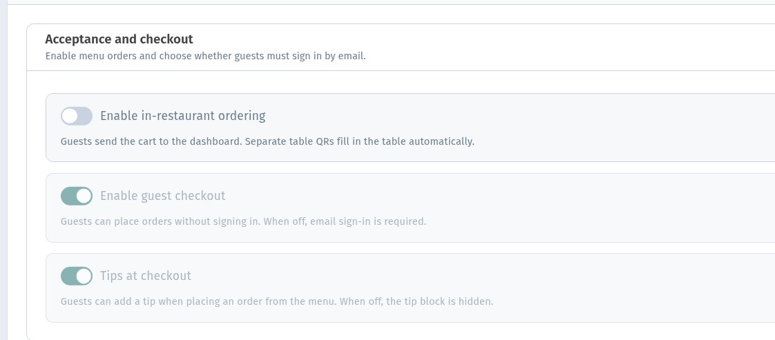 Menu for browsing or with orders: how to turn on order acceptance