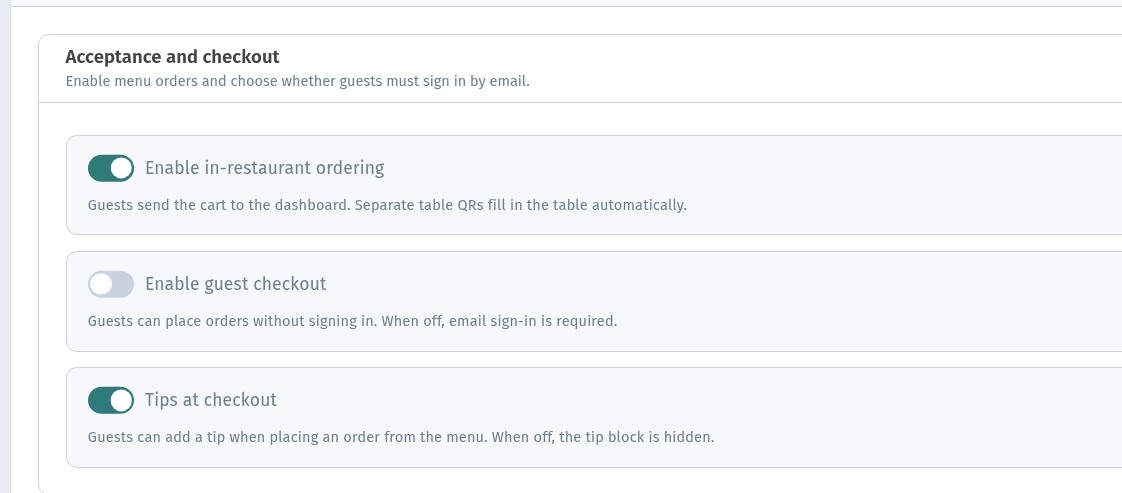 Menu for browsing or with orders: how to turn on order acceptance
