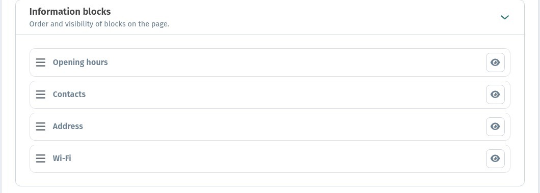 Information blocks on the menu page: order and visibility in WebQRMenu