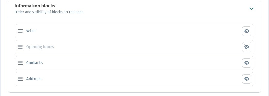 Information blocks on the menu page: order and visibility in WebQRMenu