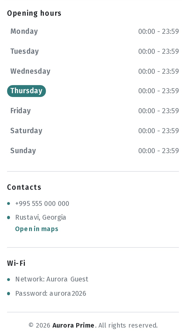 Information blocks on the menu page: order and visibility in WebQRMenu