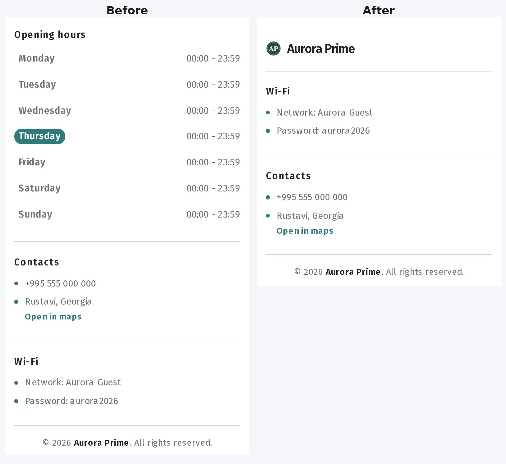 Information blocks on the menu page: order and visibility in WebQRMenu